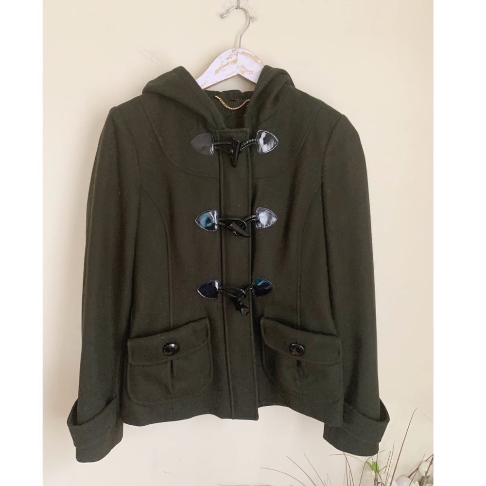 Guess olive green toggle hooded wool peacoat